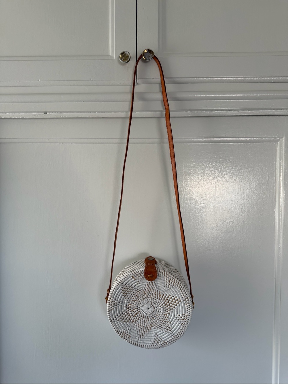 Round Woven Crossbody Bag with Tan Leather Trim - White - Picture 2 of 3